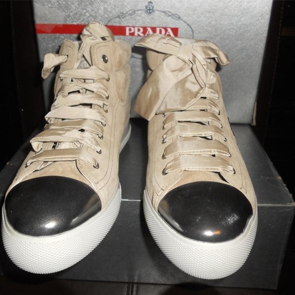 PRADA Beige Suede Ribbon High Top Metallic Cap Toe Lace Up Sneakers Shoes - Picture 6 of 14